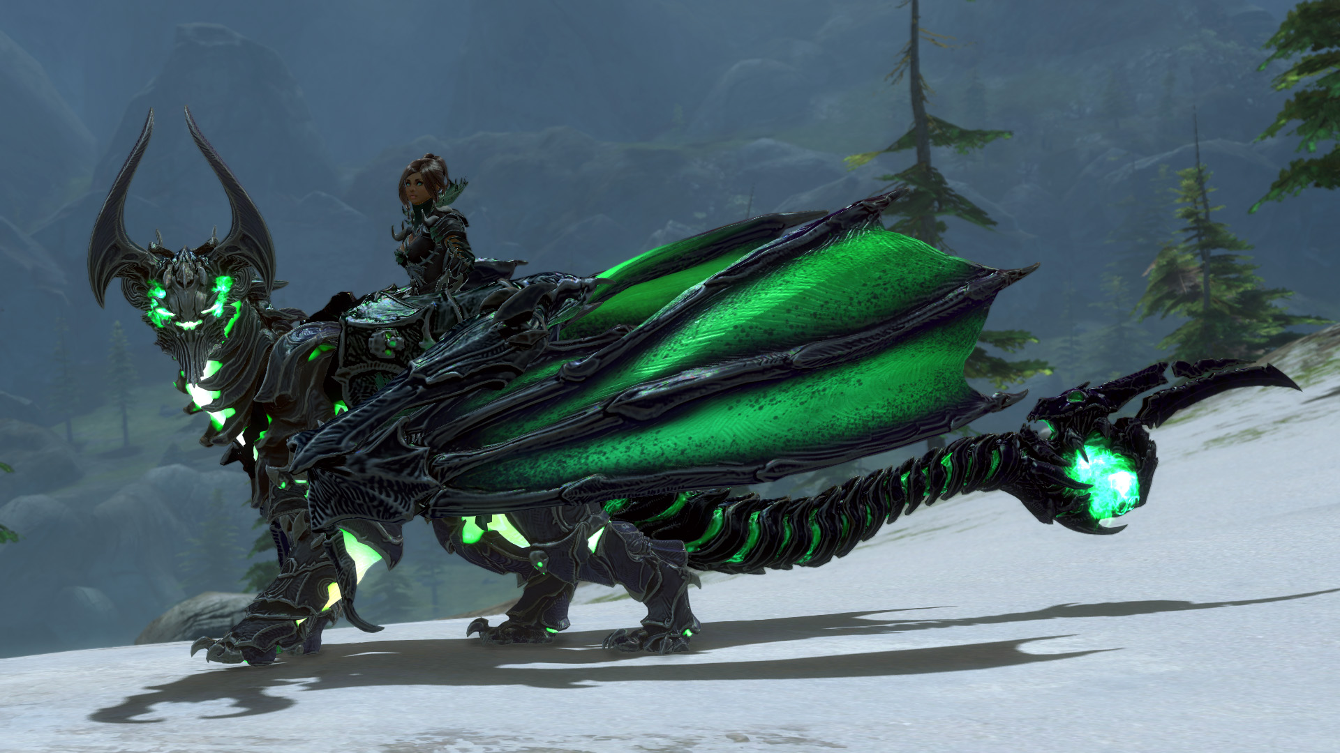 A black and green skyscale mount skin that has the menacing look of Dhuum featuring heavy jagged armor.