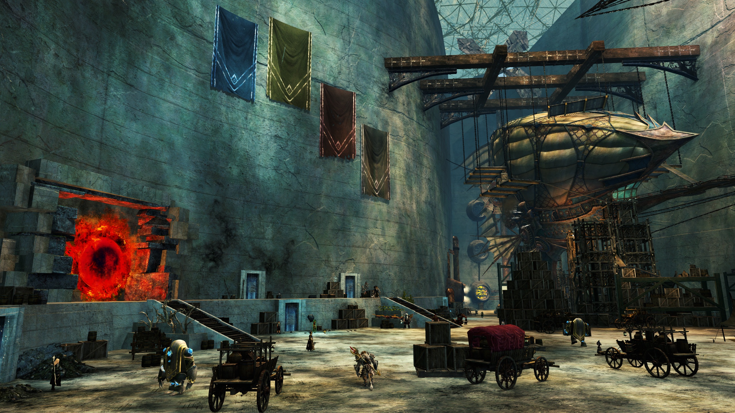 The Lion's Arch Aerodrome interior where portals for various raids are found.