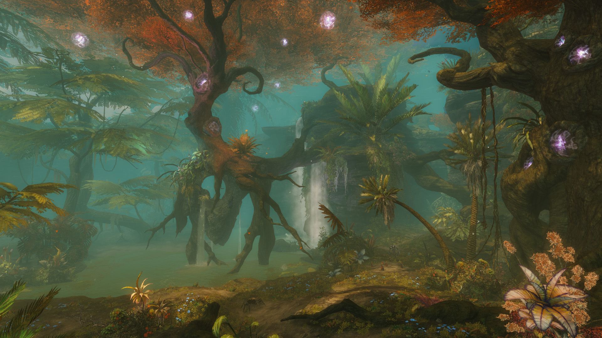 A landscape featuring a dark, magical forest with the colors of autumn complete with waterfalls and giant twisting trees.