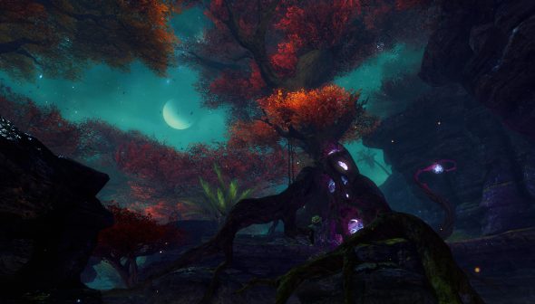 A serene landscape shot in Eternity's Garden peering through the red trees at night to a dark teal sky.