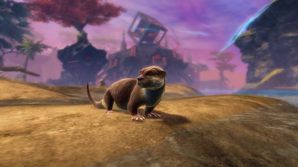 An adorable otter stands on a beach.