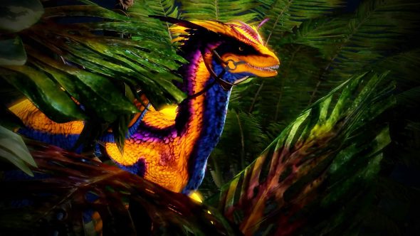 A brightly-colored feathered raptor skin peeks through the jungle foliage.