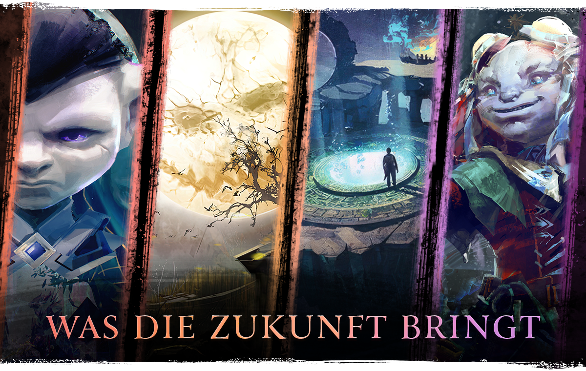 Es sind vier vertikale Bilder zu sehen. Von links nach rechts sieht man Vloxx, den Mond des Verrückten Königs, die Fraktal-Lobby und einen Asura im Wintertag-Outfit. Darunter sind die Worte „Was die Zukunft bringt“ zu lesen.