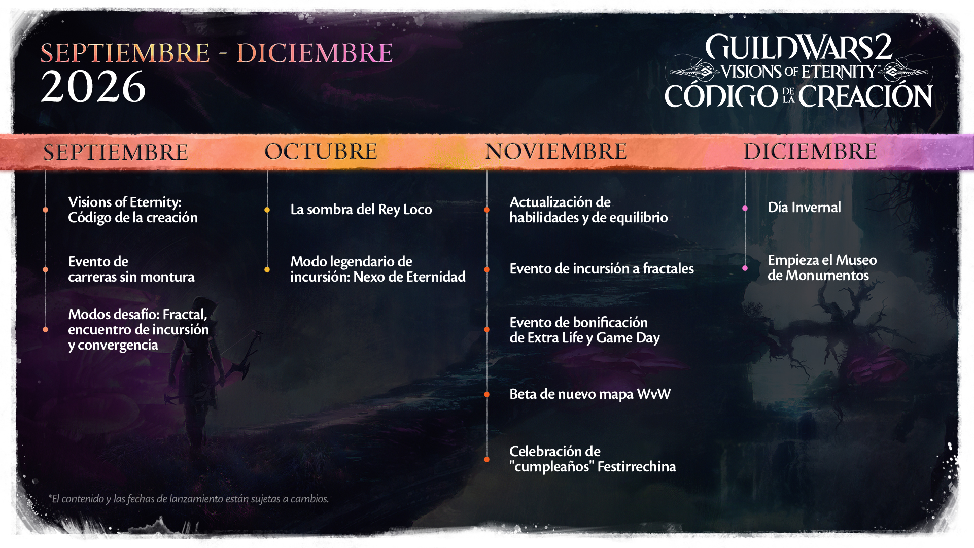 Hoja de ruta naranja y morada con el calendario de eventos del juego entre septiembre y diciembre.