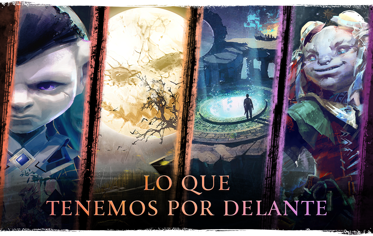 Hay cuatro imágenes verticales. De izquierda a derecha aparecen Vloxx, la luna del Rey Loco, el vestíbulo del fractal y un personaje asura vestido para el Día Invernal. En la parte inferior aparece escrito "The Road Ahead" (Lo que tenemos por delante).