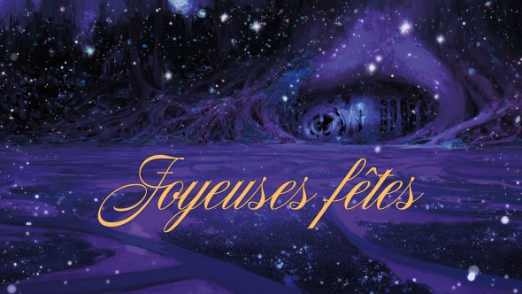 Une scène hivernale sereine et nimbée d'une lumière violette, dans laquelle la neige tombe autour d'une maison bâtie dans les racines d'un arbre gigantesque. On peut y lire Joyeuses fêtes.