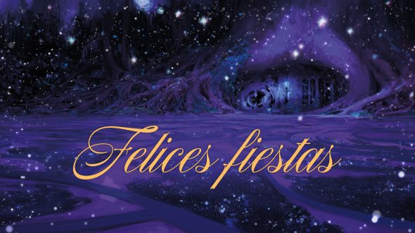Apacible escena invernal envuelta en una luz morada. La nieve cae sobre una casa construida entre las raíces de un enorme árbol. Dice Felices fiestas.