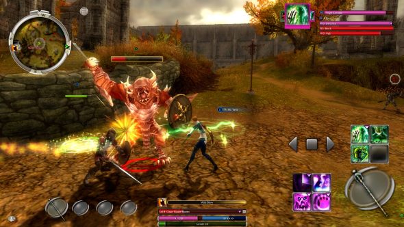 Guild Wars Reforged with a mobile UI featuring a necromancer battling a bestial charr.