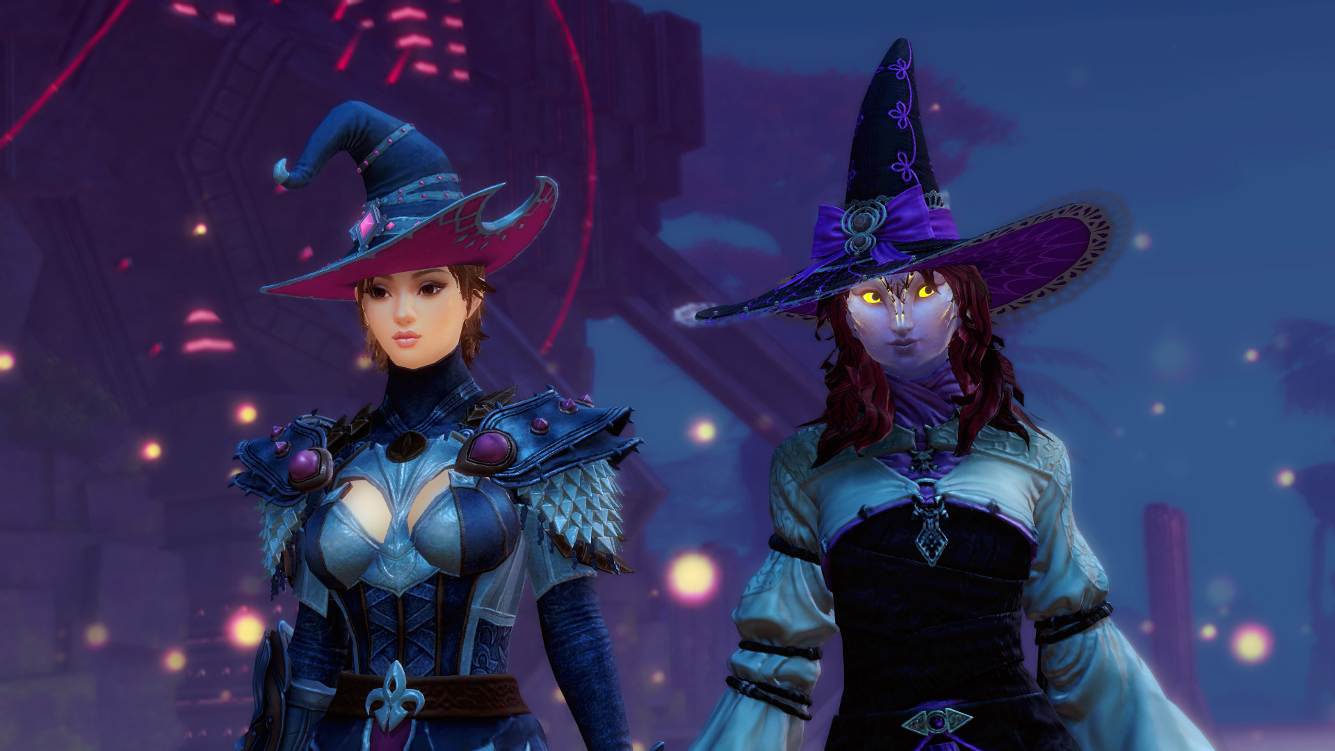A female human stands next to a female sylvari at night. They both are wearing hats that resemble witch or wizard attire. The hat on the left comes to a crooked point and features pink jewels and a notched brim. The hat on the right has a purple bow and spidery details.