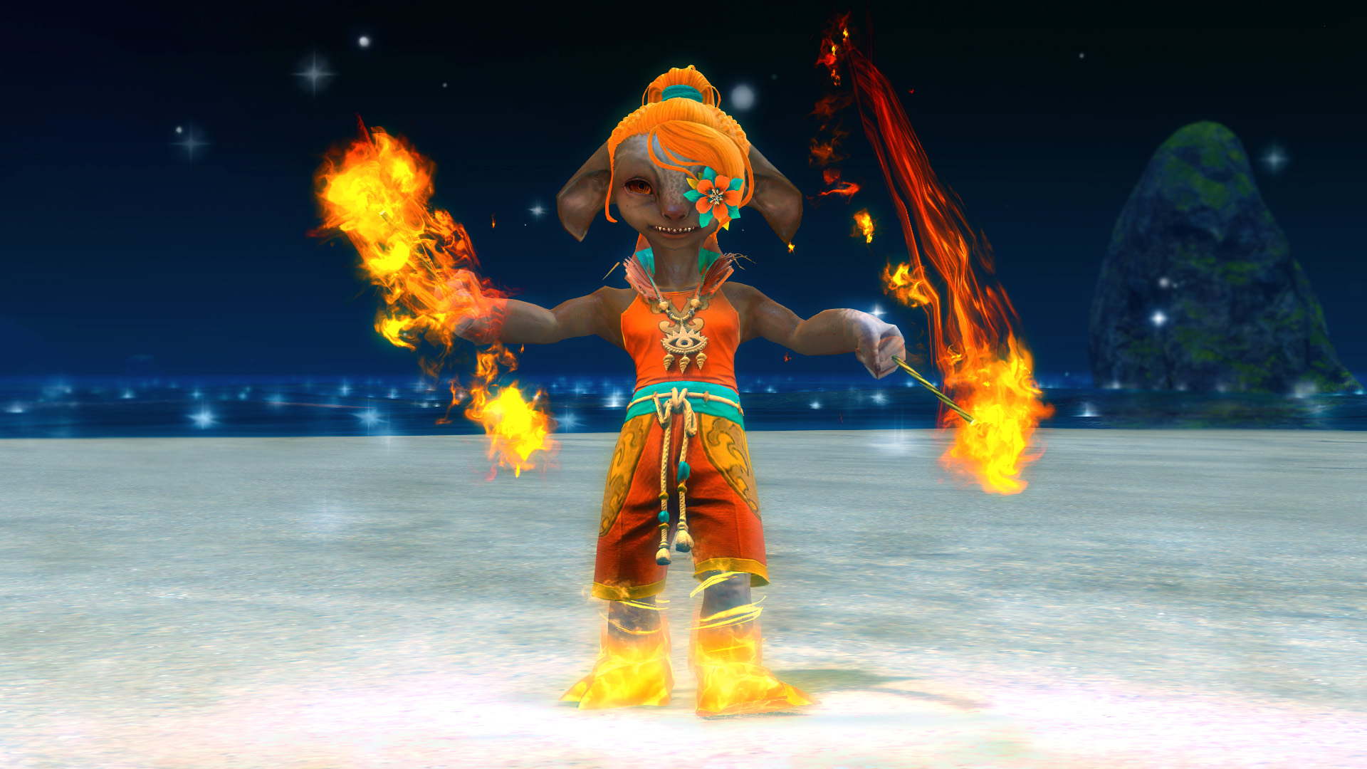 A male asura wearing orange and blue twirls fire poi in each hand on a beach at night.
